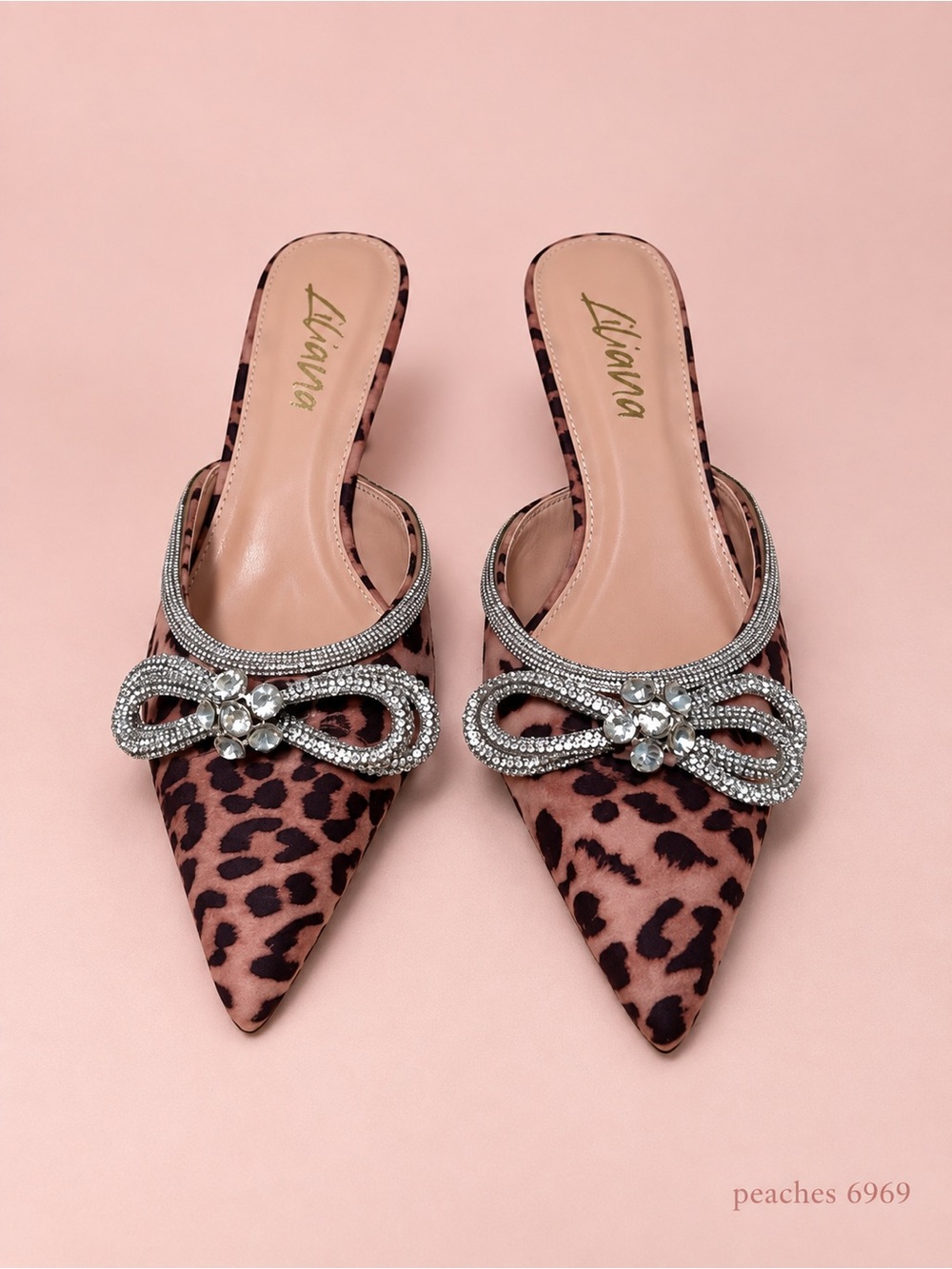 Leopard Print slip on mules Rhinestone Bow Kitten-Heel Mules